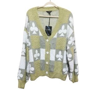 Sweater Cardigan Womens Large Green St Patrick’s Day Spades Relaxed Fuzzy NWT